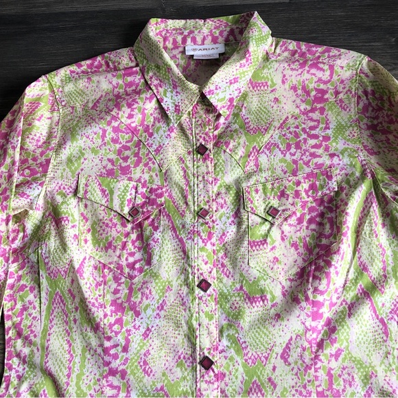 Ariat Womens Snap Front Long Sleeve Western Shirt Pink Green Rodeo Cowgirl - Picture 5 of 15